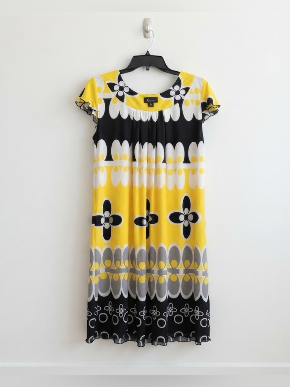 AB Studio Yellow Black White Floral Graphic Midi Dress